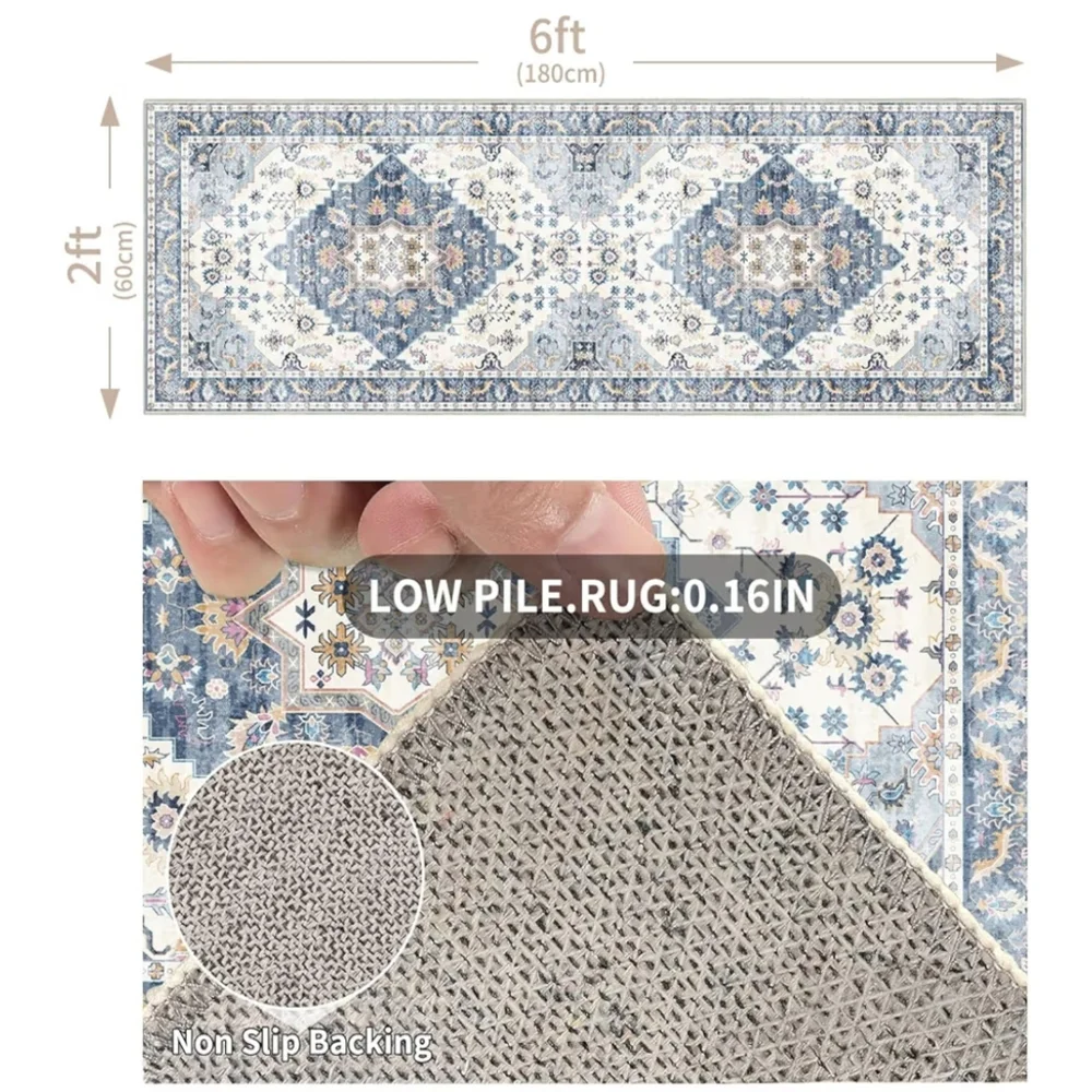 NWT 2'x6' Boho Rug Runner Non-Slip Machine Washable In Blue/Cream/Beige/Gray